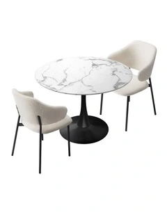 Oikiture 3PCS Dining Table Set Round Table Fabric Dining Chairs White&Black