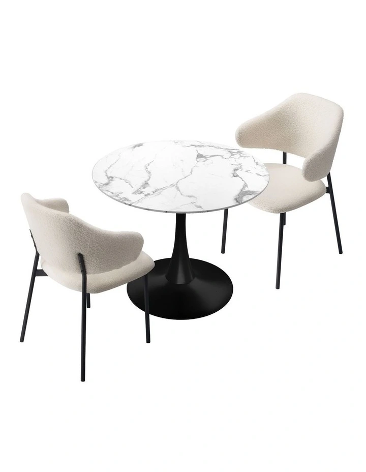 Oikiture 3PCS Dining Table Set Round Table Fabric Dining Chairs White&Black image 2