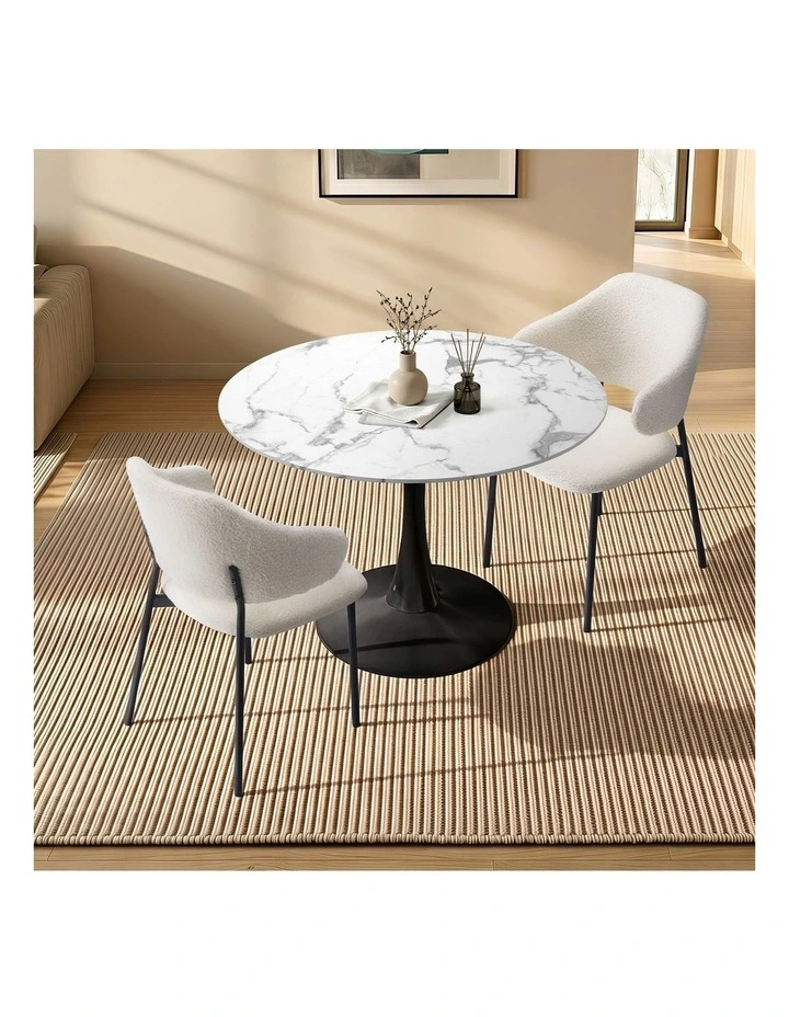 Oikiture 3PCS Dining Table Set Round Table Fabric Dining Chairs White&Black image 4