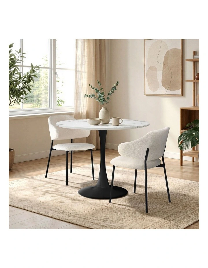 Oikiture 3PCS Dining Table Set Round Table Fabric Dining Chairs White&Black image 5