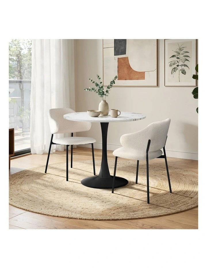 Oikiture 3PCS Dining Table Set Round Table Fabric Dining Chairs White&Black image 7