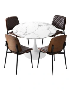 Oikiture Dining Table Set 90cm Round Dining Table and Chairs PU Leather Brown&White