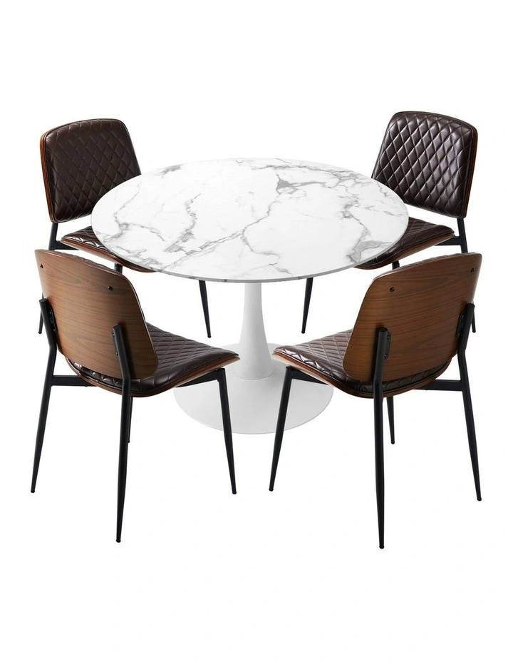 Oikiture Dining Table Set 90cm Round Dining Table and Chairs PU Leather Brown&White image 1
