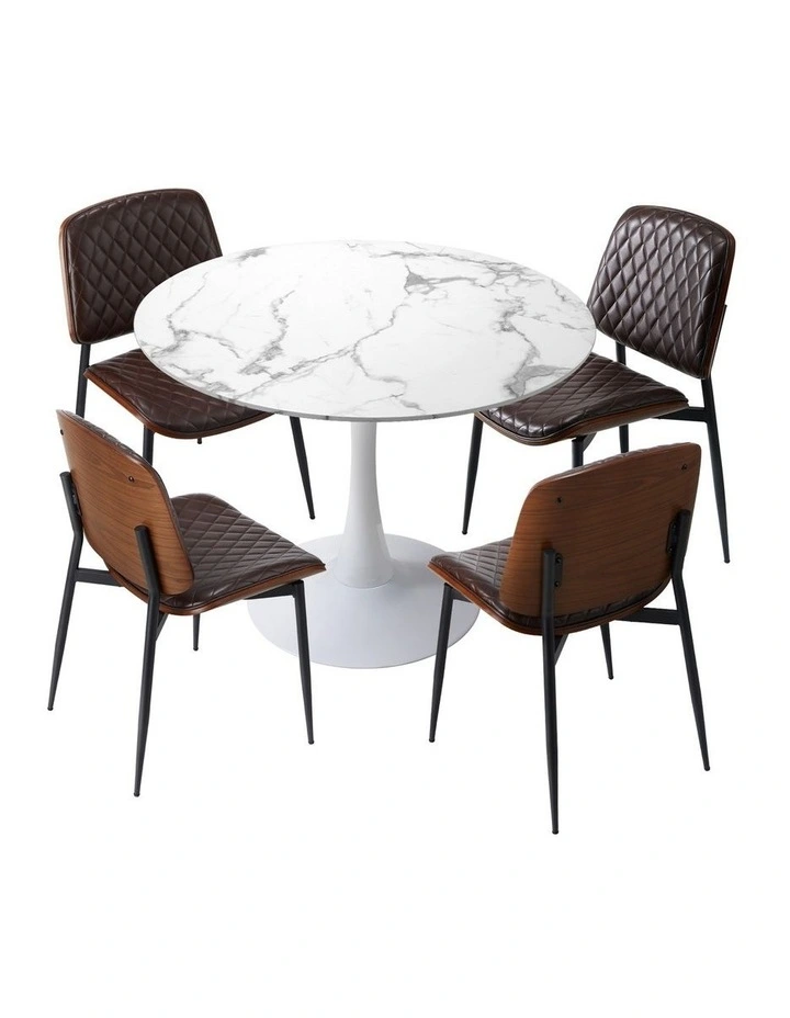 Oikiture Dining Table Set 90cm Round Dining Table and Chairs PU Leather Brown&White image 2