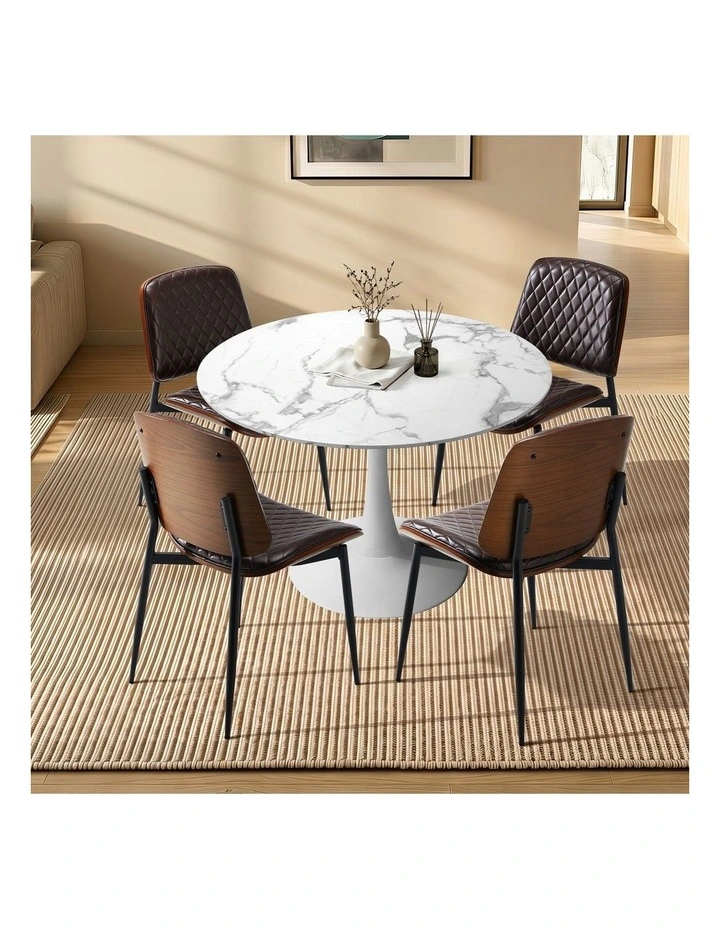 Oikiture Dining Table Set 90cm Round Dining Table and Chairs PU Leather Brown&White image 4