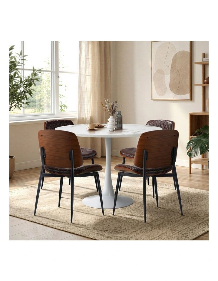 Oikiture Dining Table Set 90cm Round Dining Table and Chairs PU Leather Brown&White image 5