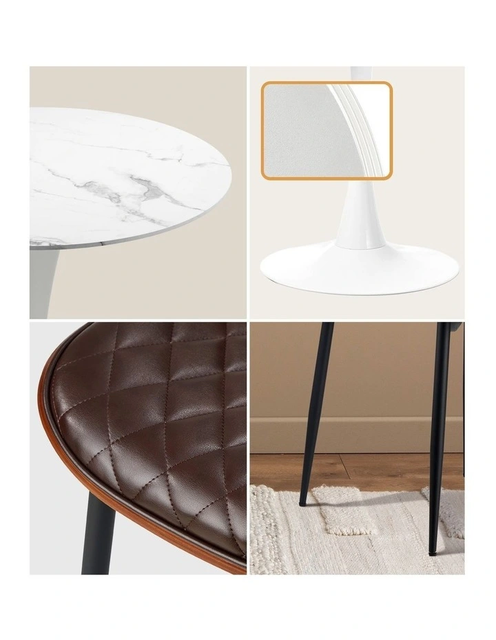 Oikiture Dining Table Set 90cm Round Dining Table and Chairs PU Leather Brown&White image 6