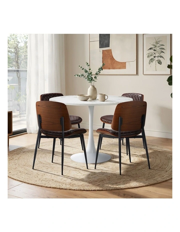 Oikiture Dining Table Set 90cm Round Dining Table and Chairs PU Leather Brown&White image 7