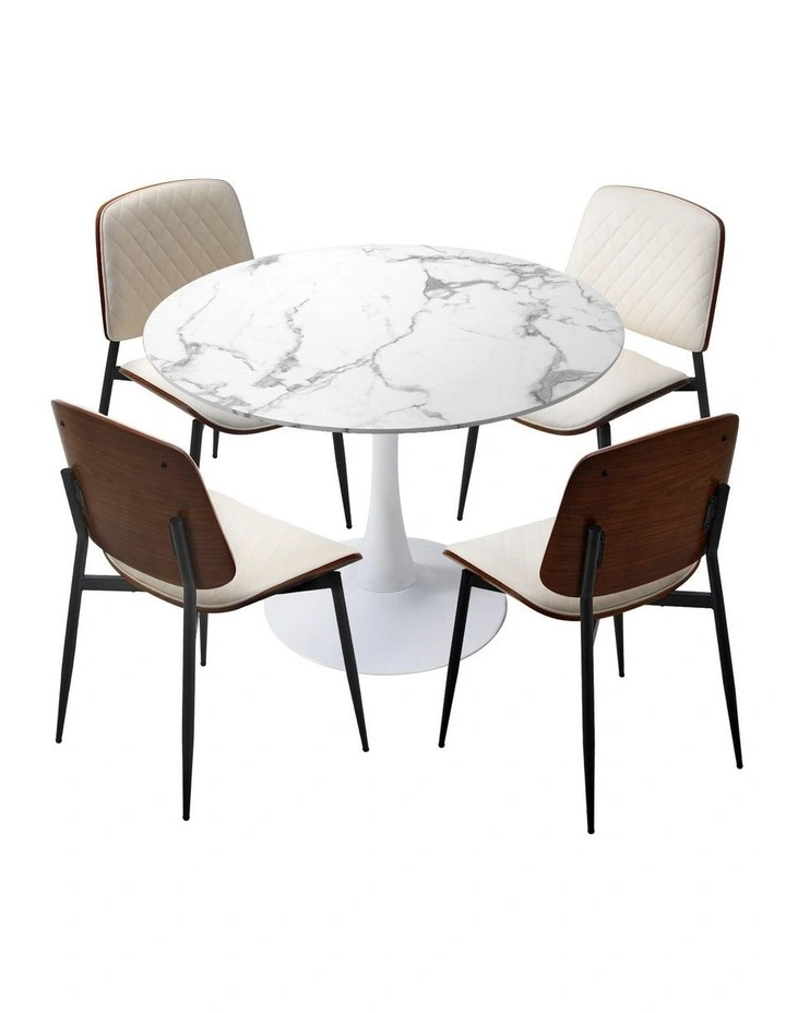 Oikiture Dining Table Set 90cm Round Dining Table and Chairs PU Leather White image 1
