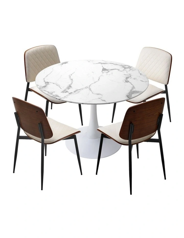Oikiture Dining Table Set 90cm Round Dining Table and Chairs PU Leather White image 2
