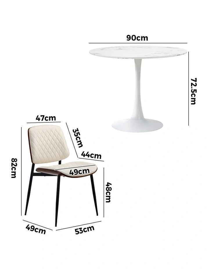 Oikiture Dining Table Set 90cm Round Dining Table and Chairs PU Leather White image 3