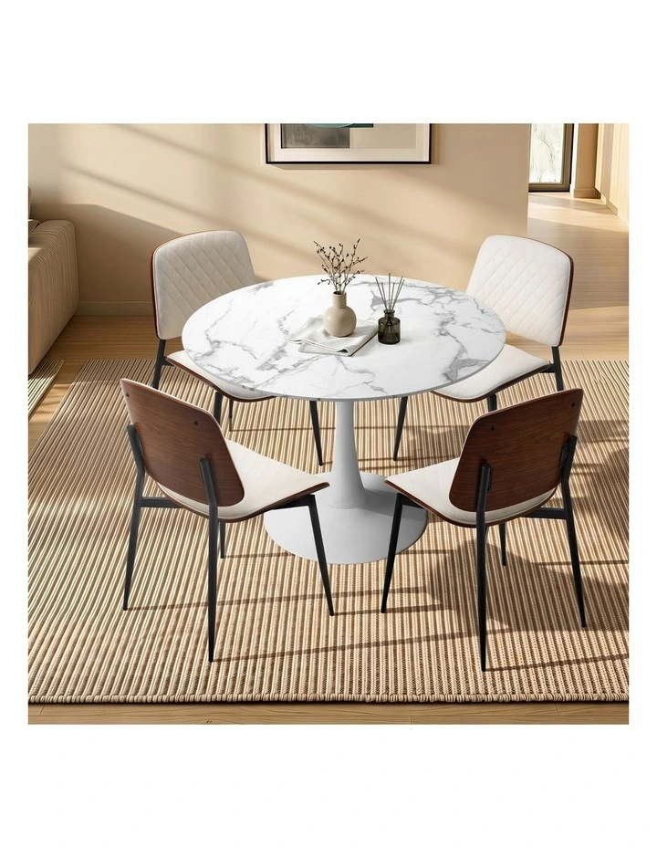 Oikiture Dining Table Set 90cm Round Dining Table and Chairs PU Leather White image 4