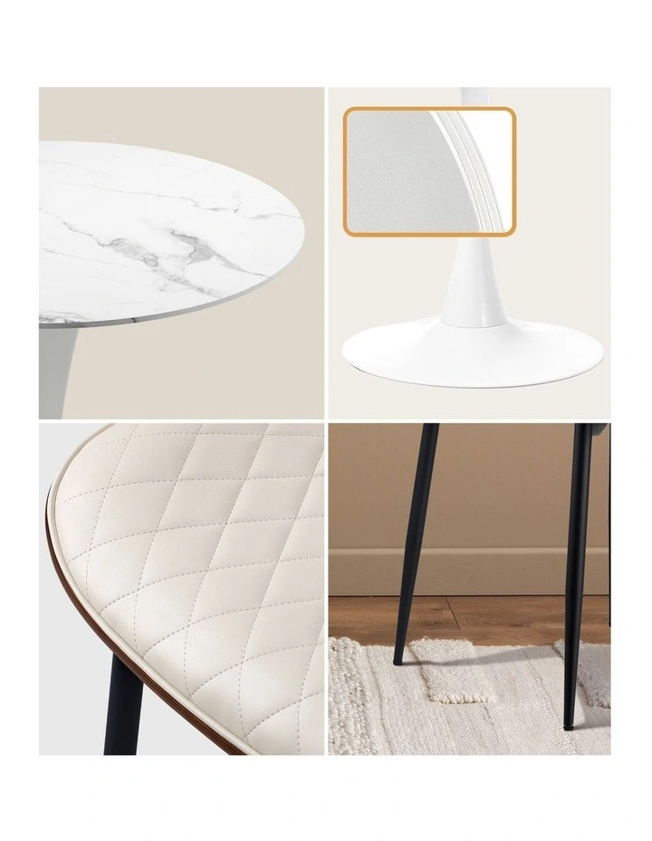 Oikiture Dining Table Set 90cm Round Dining Table and Chairs PU Leather White image 6