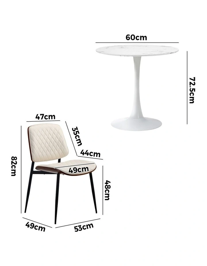 Oikiture Dining Table Set 60cm Round Dining Table and Chairs PU Leather White image 3