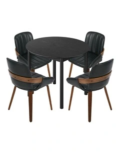 Oikiture 5PCS Dining Table Set 100cm Round Table 4 Faux Leather Dining Chairs