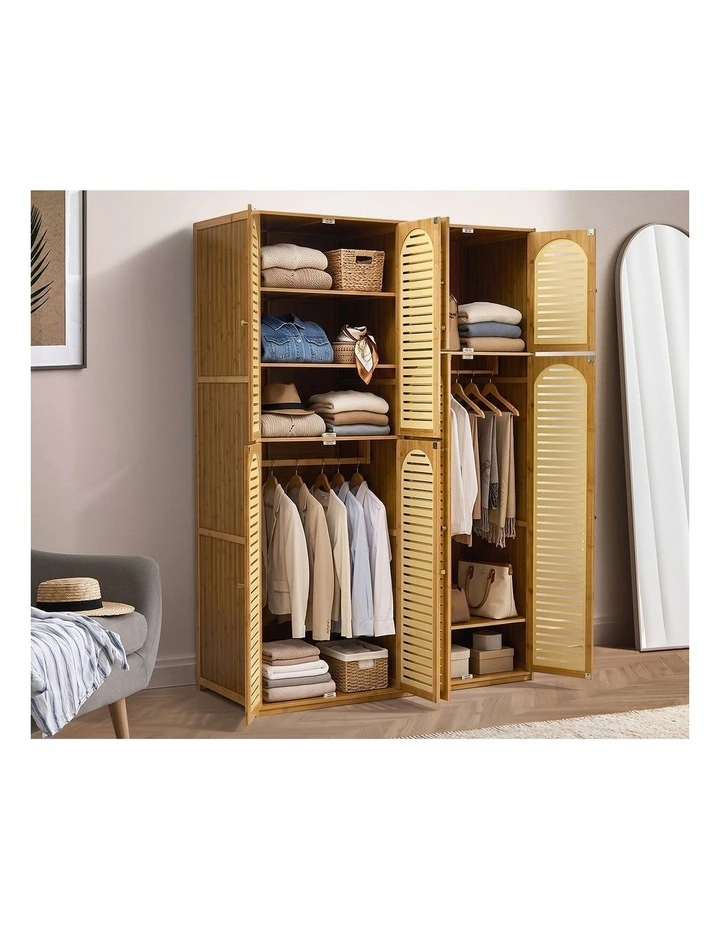 Oikiture Bamboo Wardrobe Large Clothes Storage Cabinet 8 Doors with 7 Shelves image 5