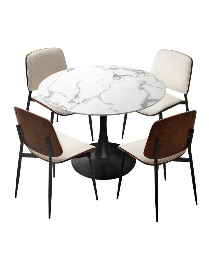 Oikiture Dining Table Set 90cm Round Dining Table and Chairs PU Leather White&Black image 1