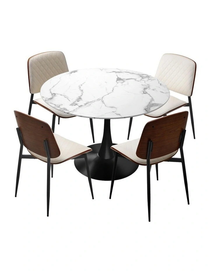 Oikiture Dining Table Set 90cm Round Dining Table and Chairs PU Leather White&Black image 2