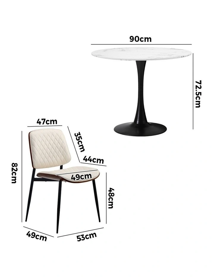 Oikiture Dining Table Set 90cm Round Dining Table and Chairs PU Leather White&Black image 3