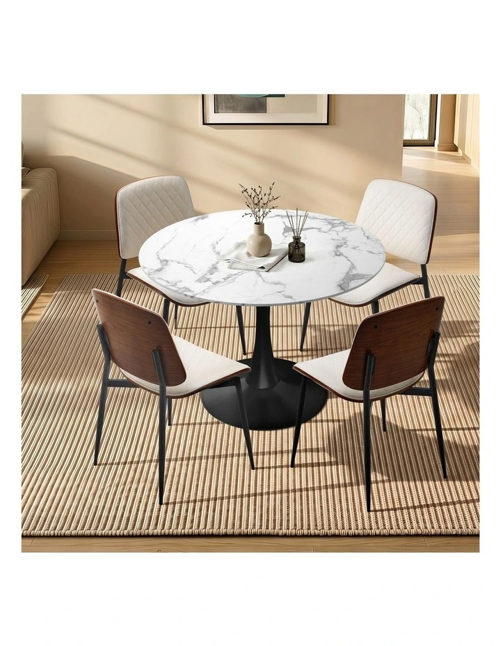 Oikiture Dining Table Set 90cm Round Dining Table and Chairs PU Leather White&Black image 4