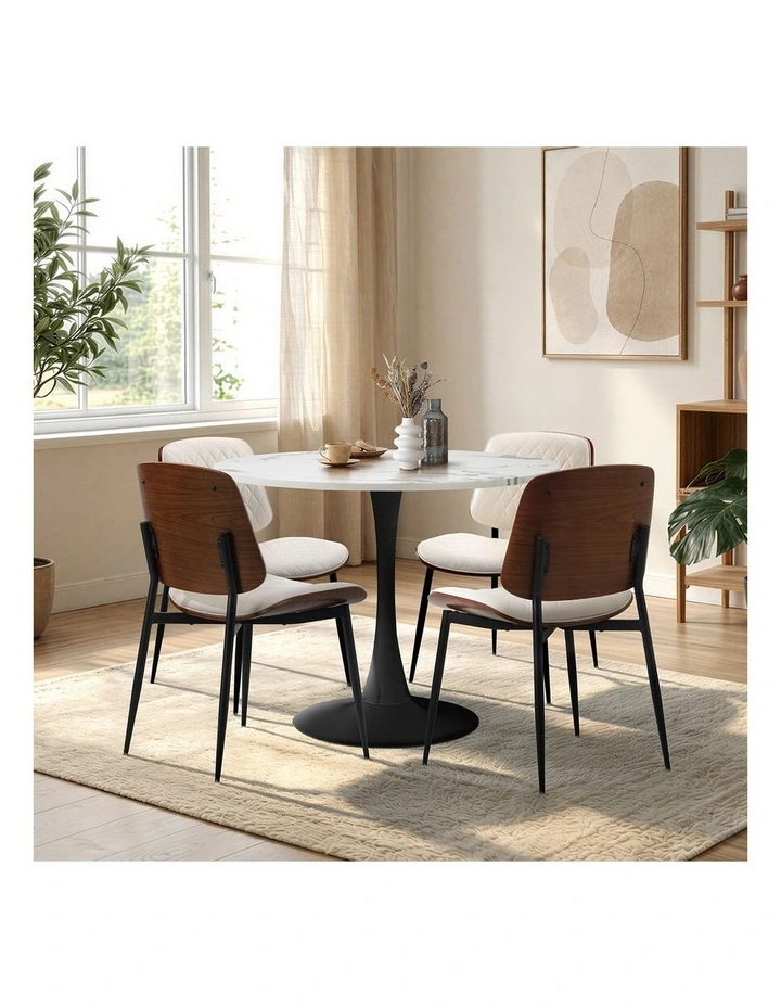 Oikiture Dining Table Set 90cm Round Dining Table and Chairs PU Leather White&Black image 5