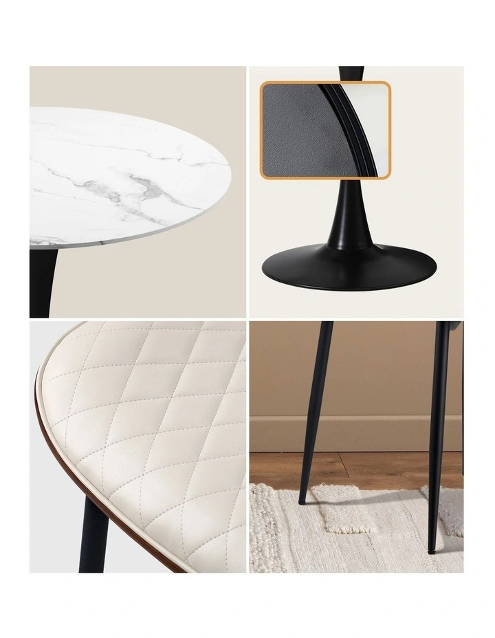 Oikiture Dining Table Set 90cm Round Dining Table and Chairs PU Leather White&Black image 6