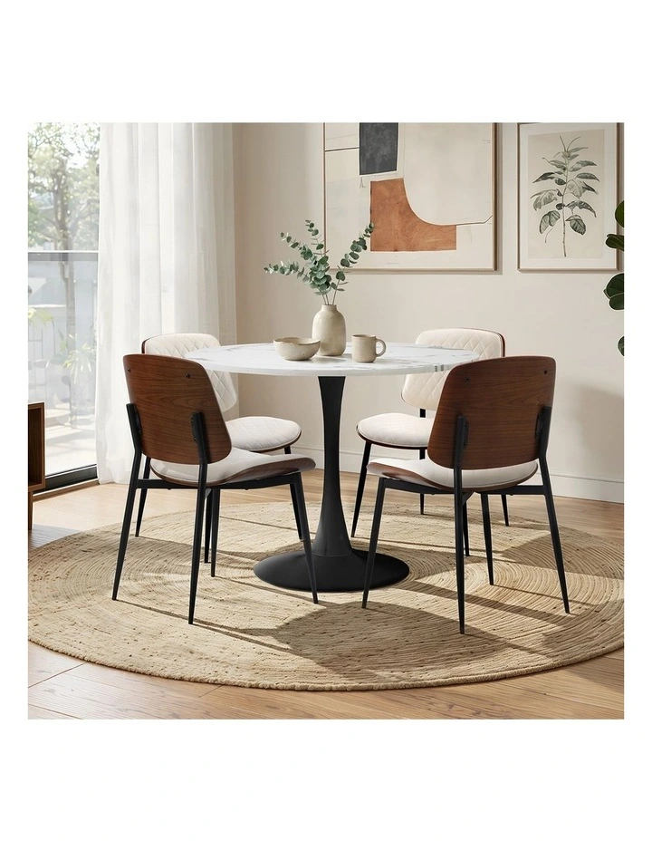 Oikiture Dining Table Set 90cm Round Dining Table and Chairs PU Leather White&Black image 7