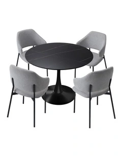 Oikiture 5PCS Dining Table Set Round Table Sherpa Dining Chairs Grey