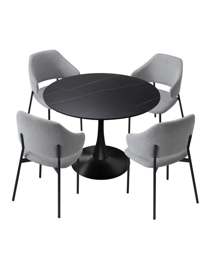 Oikiture 5PCS Dining Table Set Round Table Sherpa Dining Chairs Grey image 1