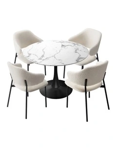 Oikiture 5PCS Dining Table Set Round Table Sherpa Dining Chairs White&Black