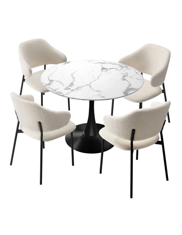 Oikiture 5PCS Dining Table Set Round Table Sherpa Dining Chairs White&Black image 2