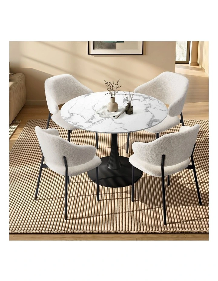 Oikiture 5PCS Dining Table Set Round Table Sherpa Dining Chairs White&Black image 4