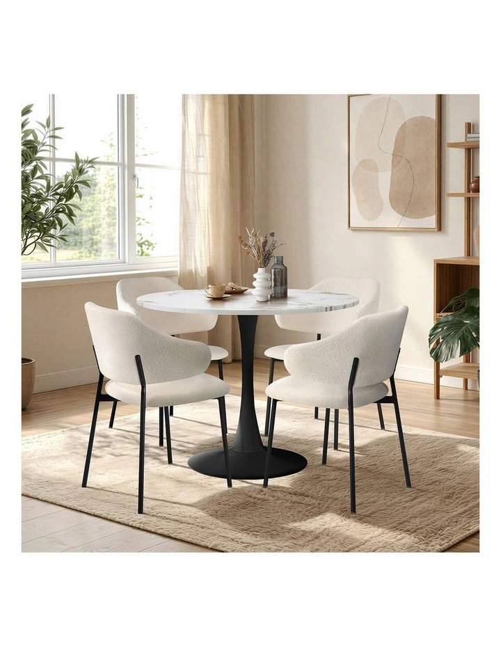 Oikiture 5PCS Dining Table Set Round Table Sherpa Dining Chairs White&Black image 5