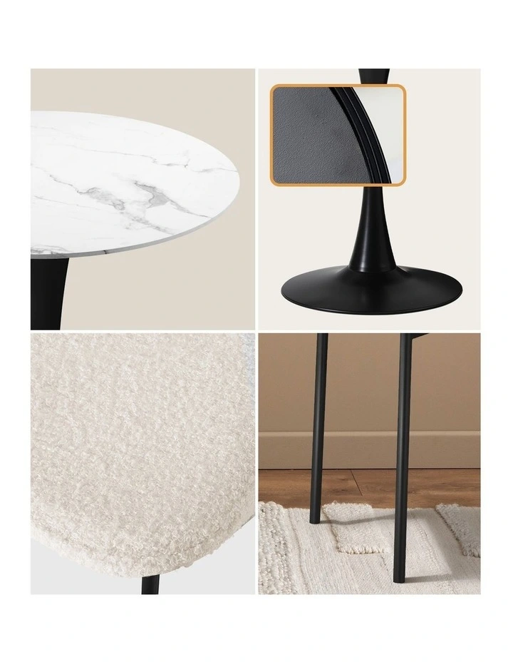 Oikiture 5PCS Dining Table Set Round Table Sherpa Dining Chairs White&Black image 6