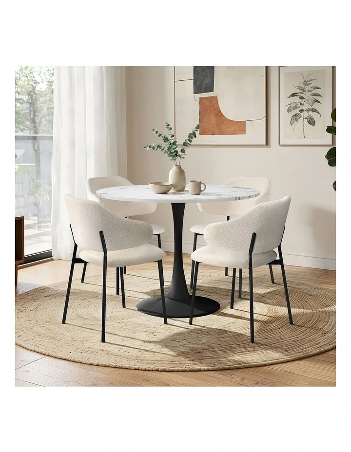 Oikiture 5PCS Dining Table Set Round Table Sherpa Dining Chairs White&Black image 7