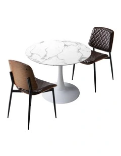 Oikiture Dining Table Set 60cm Round Dining Table and Chairs PU Leather Brown&White