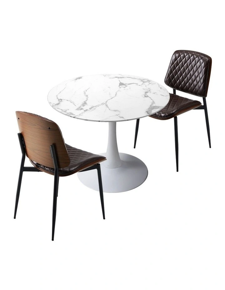 Oikiture Dining Table Set 60cm Round Dining Table and Chairs PU Leather Brown&White image 1