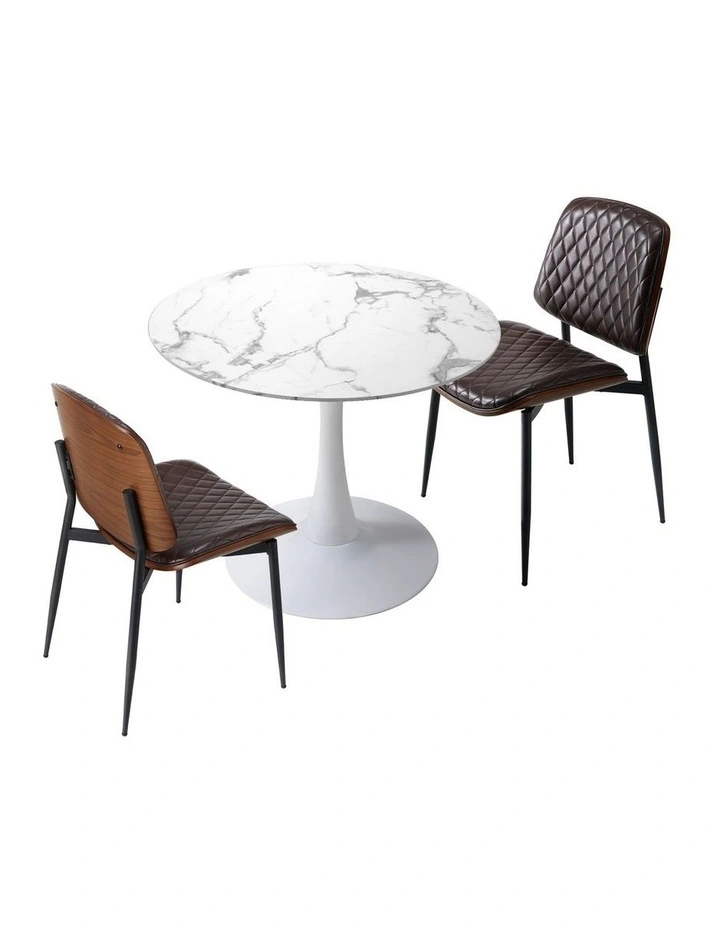 Oikiture Dining Table Set 60cm Round Dining Table and Chairs PU Leather Brown&White image 2