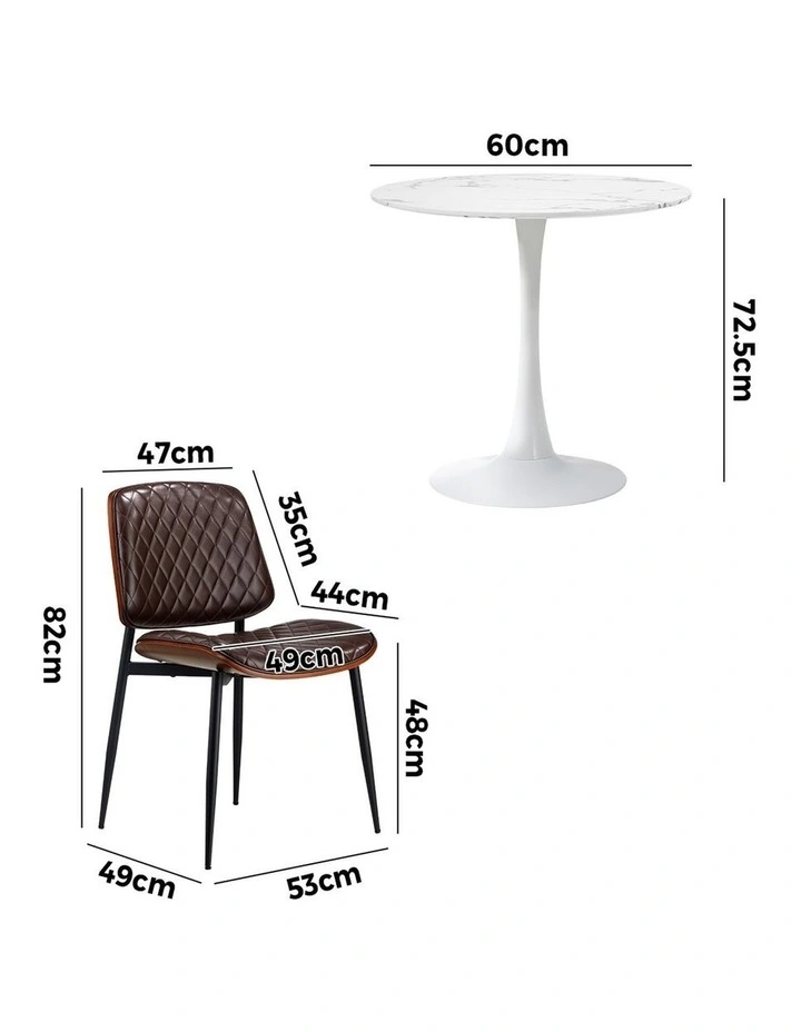 Oikiture Dining Table Set 60cm Round Dining Table and Chairs PU Leather Brown&White image 3