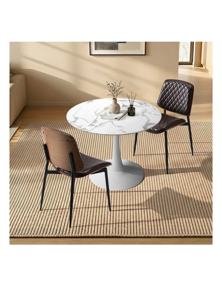 Oikiture Dining Table Set 60cm Round Dining Table and Chairs PU Leather Brown&White image 4