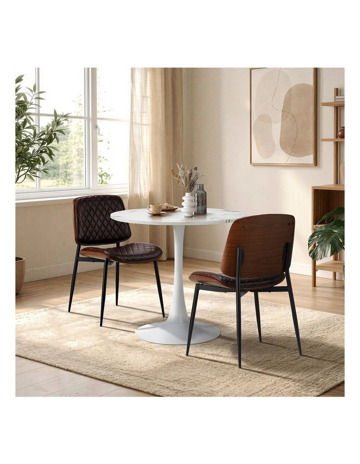 Oikiture Dining Table Set 60cm Round Dining Table and Chairs PU Leather Brown&White image 5