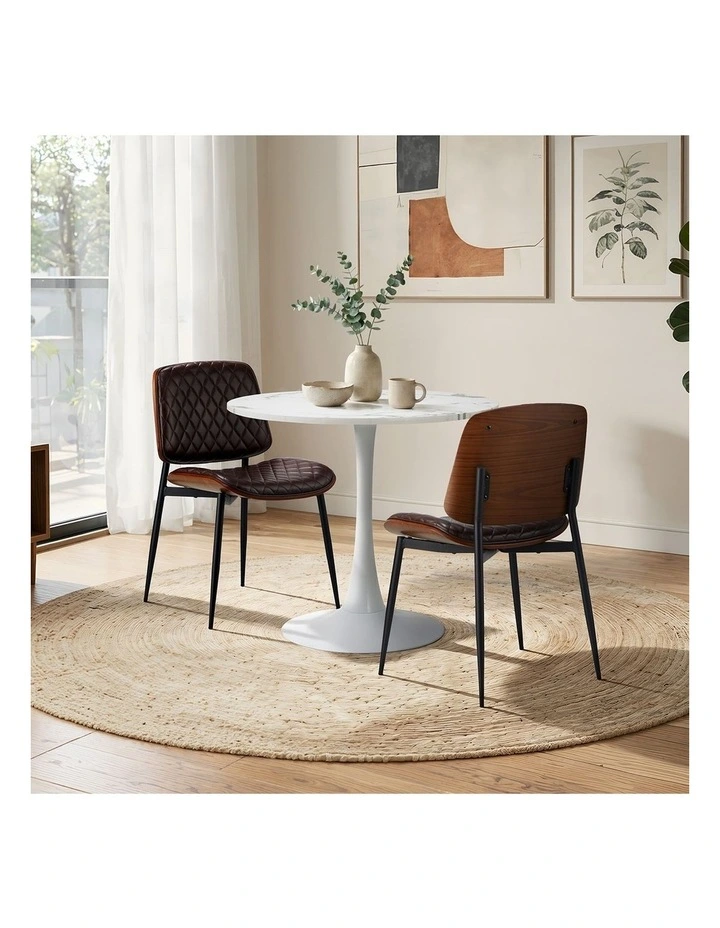 Oikiture Dining Table Set 60cm Round Dining Table and Chairs PU Leather Brown&White image 7