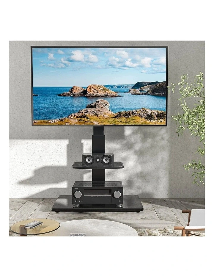 Black Mobile TV Floor Stand with Shelves and Locking Wheels for 32-70 Inch Screens image 4