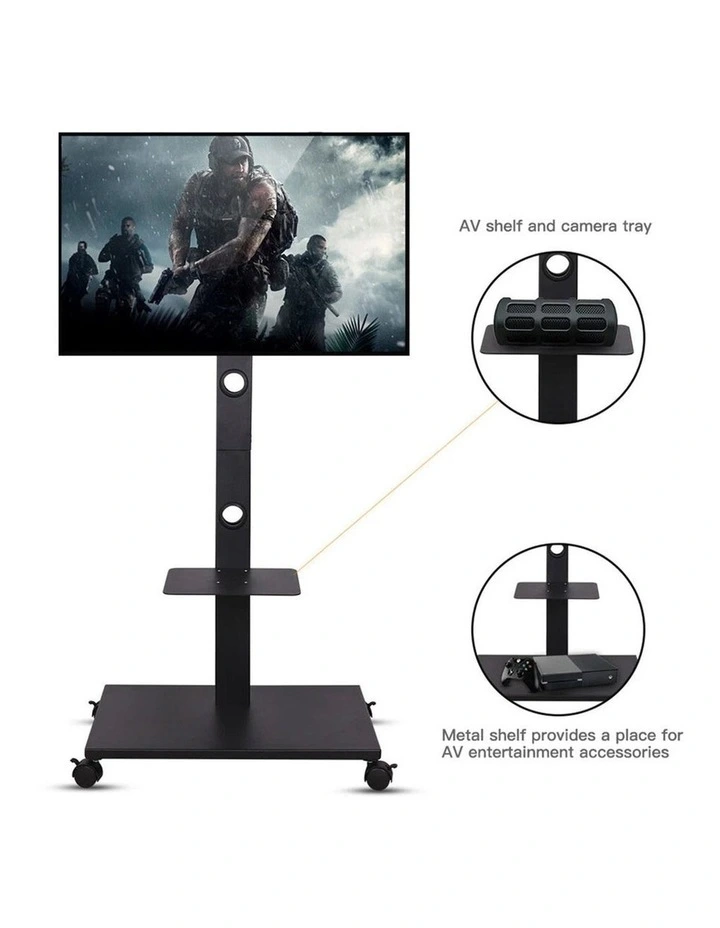 Black Mobile TV Floor Stand with Shelves and Locking Wheels for 32-70 Inch Screens image 6