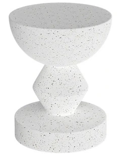 White Speckled Sculptural Accent Stool With Bowl Top And Geometric Base