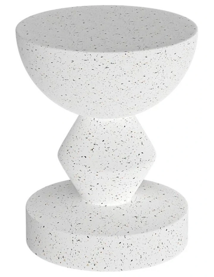 White Speckled Sculptural Accent Stool With Bowl Top And Geometric Base image 1