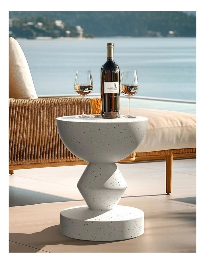 White Speckled Sculptural Accent Stool With Bowl Top And Geometric Base image 2
