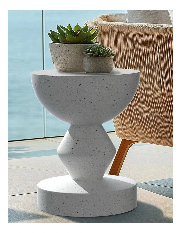 White Speckled Sculptural Accent Stool With Bowl Top And Geometric Base image 3