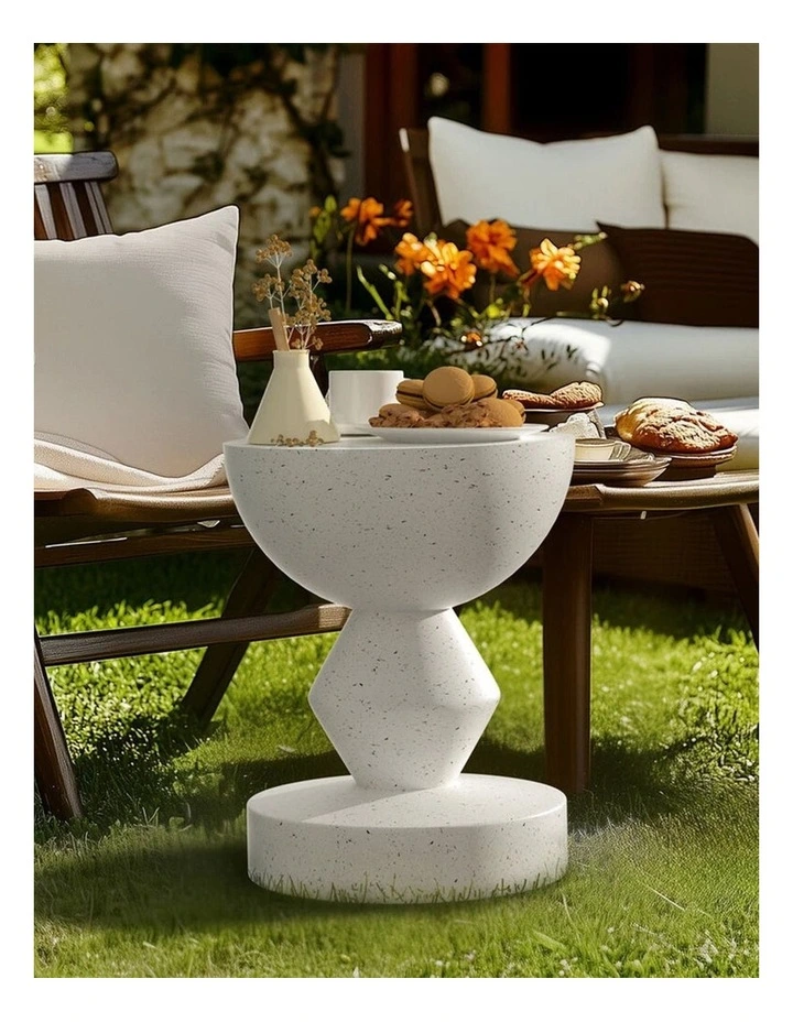White Speckled Sculptural Accent Stool With Bowl Top And Geometric Base image 4