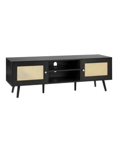 Black Rattan TV Stand 65 Inch Entertainment Unit with Power Outlet Storage